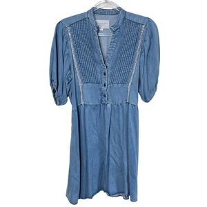 The Shirt Rochelle Behrens Denim Dress Womens‎ Small Blue Pintuck Puff Sleeve